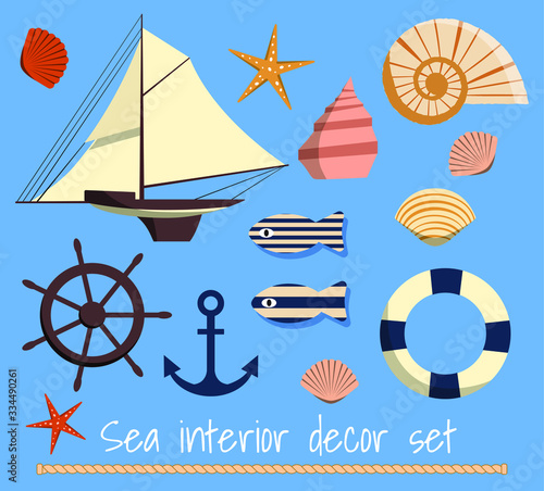 Interior decor set in seastyle with ship, shells, life ring, wheel, fish, stars. Vector illustration with souveniers from ocean resort vacation.