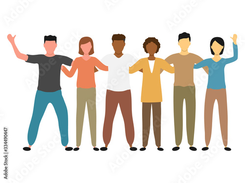 Group of multi-ethnic friendly men and women vector illustration isolated on white background. Happy friendship day with a diverse group of friends. People standing together to celebrate  event.