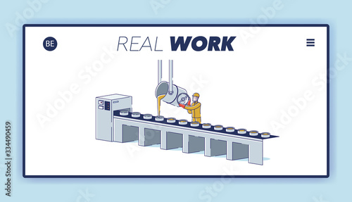Metallurgical Industry Concept. Website Landing Page. Worker Controls Metal Melting And Pouring Process On Conveyor At Metallurgical Plant. Web Page Cartoon Linear Outline Flat Vector Illustration