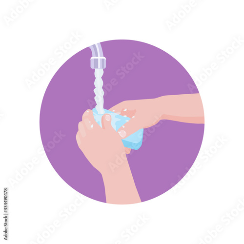 Soap in the hands, washing hands under the tap of tap water. Hygiene. Preventive measures during a virus epidemic, illustration.