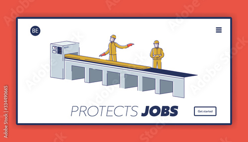 Metallurgical Industry Concept. Website Landing Page. Team of Metallurgists Control Metal Rolling Process On Conveyor At Metallurgical Plant. Web Page Cartoon Linear Outline Flat Vector Illustration