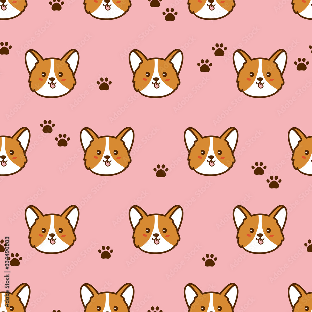 Corgi dog Puppy. Paw. Seamless pattern on pink. Vector Corgi dog Puppy. Paw. Seamless pattern on pink. Vector