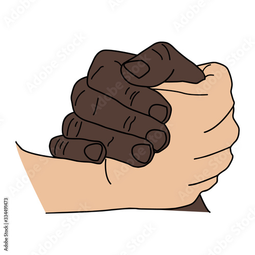 Handshake gesture isolated on white background.Multiracial holding hands, peace, friendship concept between multi ethnic people.Handshake gesture,white caucasian and black african american hand.Vector