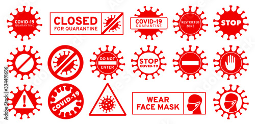 Covid-19 icon. Restricted zone, closed for coronavirus quarantine and SARS-CoV-2 sign. Stop corona, wear face mask and do not enter  caution icons vector set