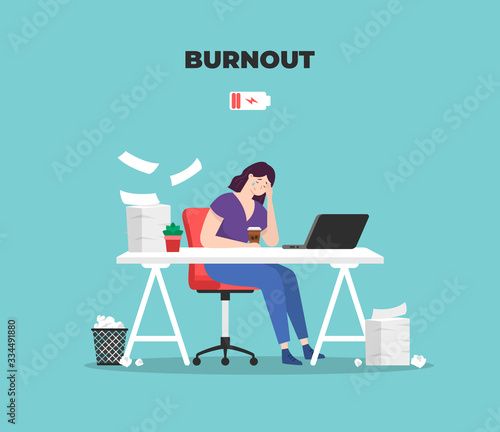 Burnout woman. Professional burnout syndrome. Stress. Exhausted tired woman. Vector