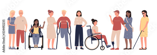 Multiracial disabled people character flat vector illustration set isolated on white background. Positive men and women with special needs with prosthesis, crutches, stick, in wheelchair, blind girl