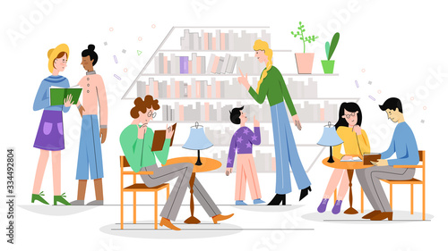 People in traditional library character flat line vector illustration concept