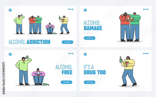 Concept Of Alcoholism, Drink Alcohol. Website Landing Page. Group Of Drunk People Drinking Beer, Wine, Alcohol Dependence Of Population. Web Page Cartoon Linear Outline Flat Vector Illustrations Set