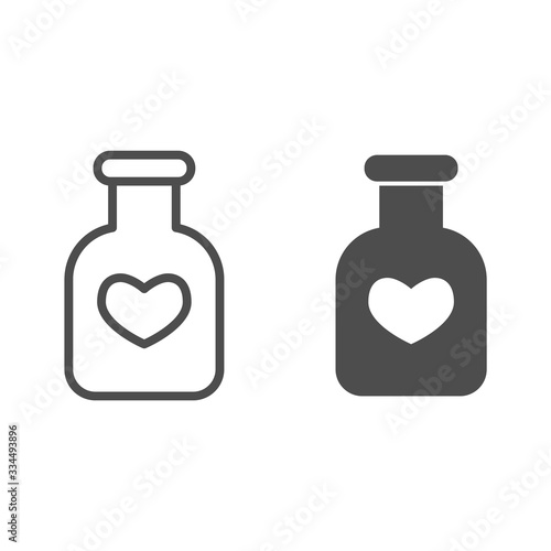 Potion flask line and solid icon. Bottle of love spell elixir and heart shape symbol, outline style pictogram on white background. Valentine day sign for mobile concept, web design. Vector graphics.