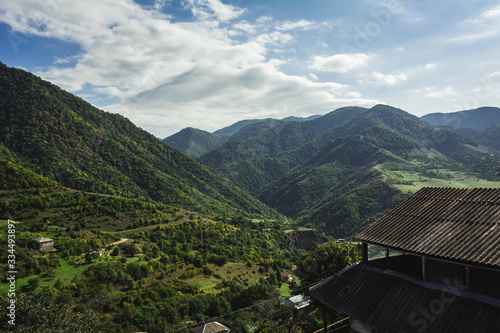 Green landscape view from Haghpat monastery in sunny day near Alaverdi town, Armenia