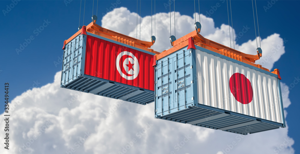 Shipping containers with Tunisia and Japan flag. 3D Rendering 