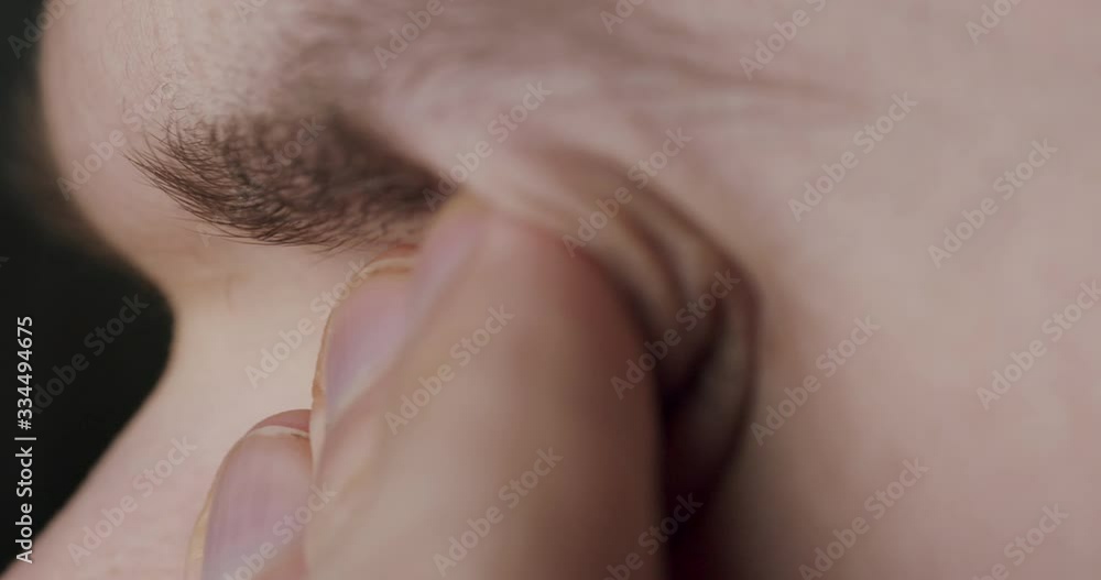 Face touch - coronavirus concept. Man touching his eye, increase risk to viral infection. Touching the facial mucous membranes by hand. Way to pick up infections like COVID-19. Macro Face touch - coronavirus concept. Man touching his eye, increase risk to viral infection. Touching the facial mucous membranes by hand. Way to pick up infections like COVID-19. Macro
