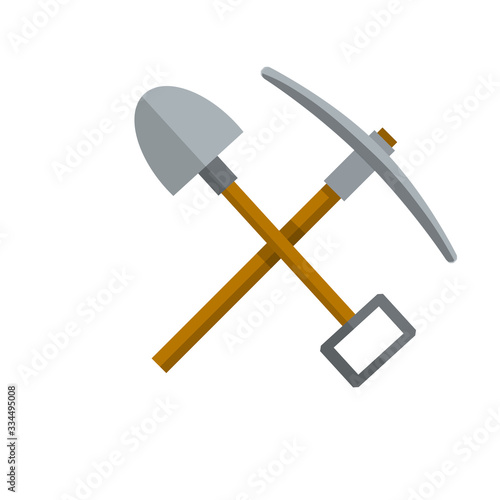 Pick and shovel. Miner and digger tool. Items for extraction of minerals. Cartoon flat illustration. Logo of Labour and work. Rural tool. Iron pickaxe