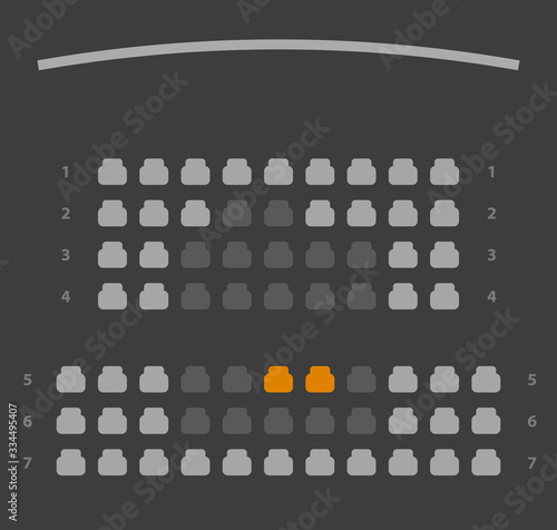 Cinema seats booking map online ui dark gray color design scheme or film theatre vip places reservation template layout vector flat cartoon illustration image