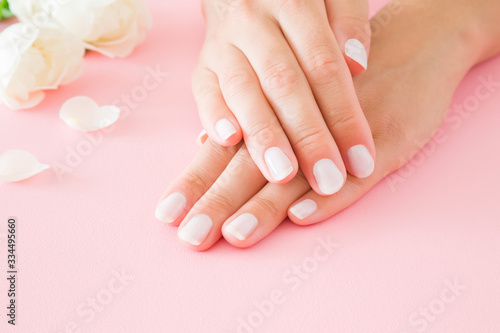 Young, perfect woman hands with white nails. Care about nails and clean, soft, smooth skin. Manicure, pedicure beauty salon. Beautiful roses on pastel pink table background. Fresh flowers. Closeup.
