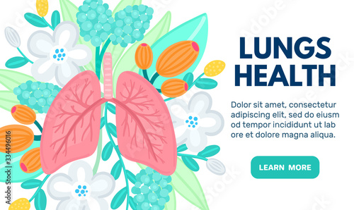 Vector healthy lungs on flowers. Background for label, advertisement of pulmonary medicine, landing or banner for pulmonology clinic, design for website or article about respiratory system health