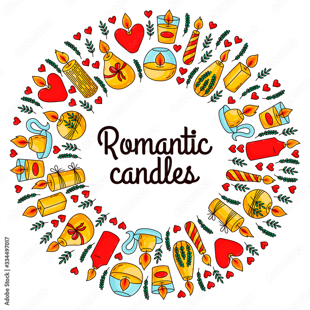 Candles doodle colorful cartoon icons set round frame desin Candles doodle colorful cartoon icons set round frame desin