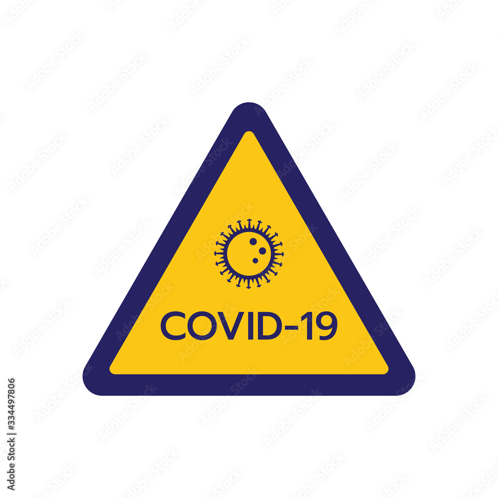 The triangular warning sign of coronavirus with the round spiked symbol and an acronym of COVID-19 is isolated on a white background. The triangular warning sign of coronavirus with the round spiked symbol and an acronym of COVID-19 is isolated on a white background.
