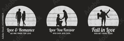 People in love. Set of black and white retro illustrations with silhouettes of lovers. Romantic marriage proposal. Guy carry girl, couple holding hands. Vector backgrounds for prints, t-shirts
