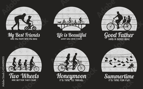 People on bikes. Set of black and white retro illustrations with silhouettes of cyclists on bicycles. Woman teaching boy to ride bike. Shoes on wires. Vector backgrounds for prints, t-shirts