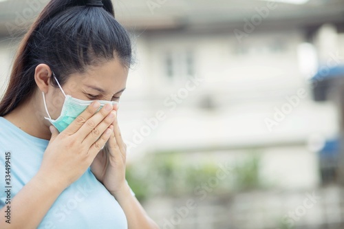 Every woman wears a mask before leaving the house to protect against the virus. 19 and bacteria