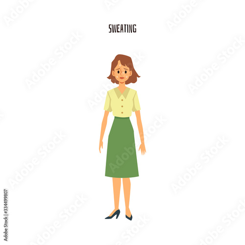 Sad cartoon woman sweating - isolated female character with sweat on face