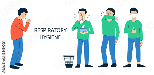 Set of vector illustrations isolated on white. Poster, brochure design concept. Coughing, sneezing people. Man covering mouth, nose with bent elbow. Disposable napkins. Face mask. Respiratory hygiene