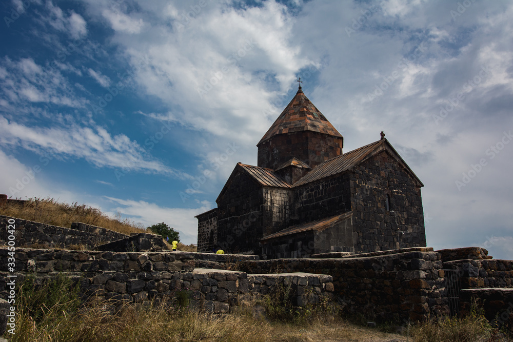 Old Sevanavank monastery bottom view in sunny day near Sevan lake, Armenia