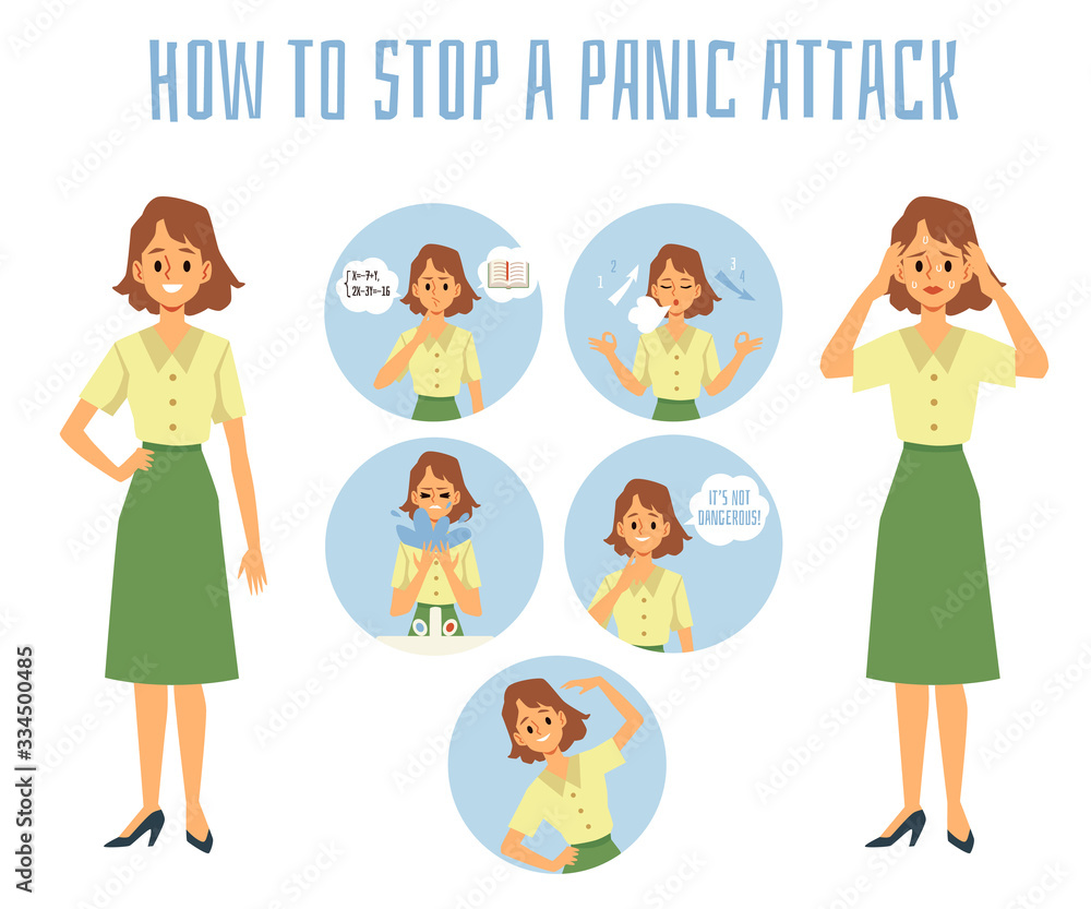 How to stop a panic attack - infographic poster with set of methods How to stop a panic attack - infographic poster with set of methods