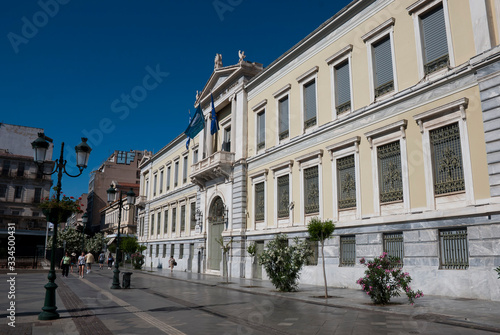 The building of the National Bank of Greece, Athens, Greece, April 2020: Neoclassical landmark building in Athens