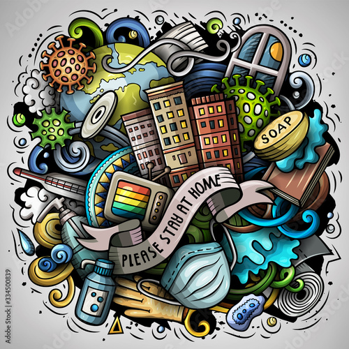 Cartoon vector doodles Please, Stay at Home illustration.