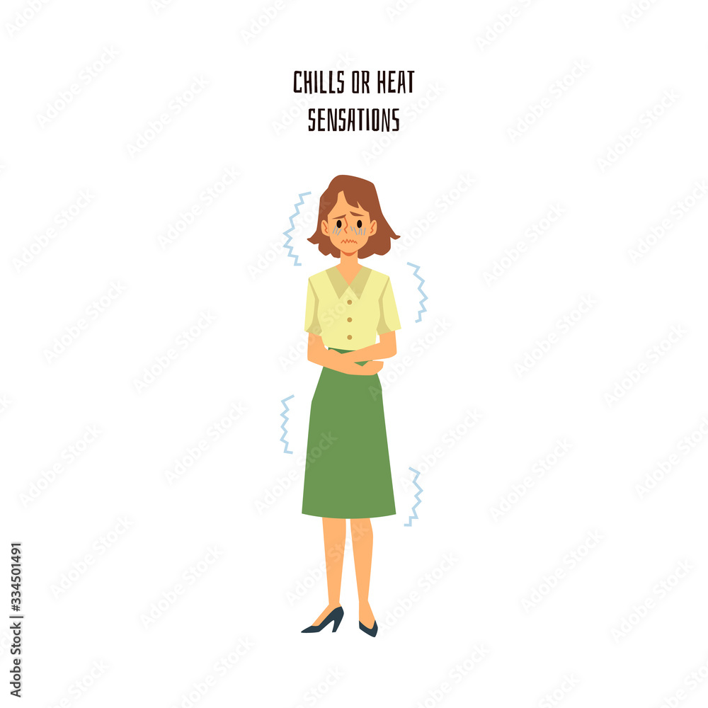 Cartoon woman experiencing chills or heat sensation - illness or stress symptoms. Cartoon woman experiencing chills or heat sensation - illness or stress symptoms.