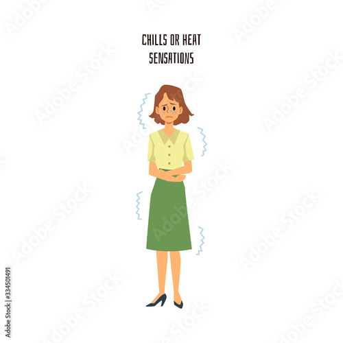 Cartoon woman experiencing chills or heat sensation - illness or stress symptoms.