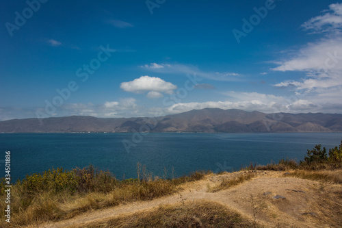 Sevan lake with blue water biggest lake in Armenia shot from Sevanavank monastery