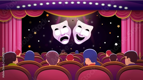 A theater stage with a red open curtain and red seats with people and comedy and tragedy theatre masks. Vector template illustration