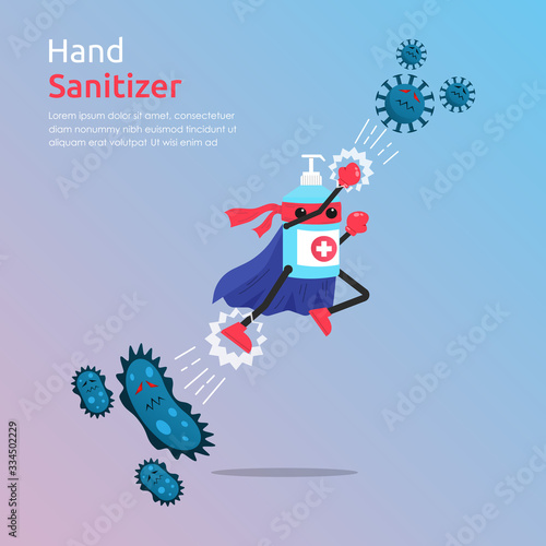 Funny cartoon character of hand sanitizer superhero fight against outbreak viruses and bacteria. Power of cleansing agent concept for prevention and fight disease. vector illustration