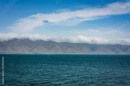 Sevan lake with blue water biggest lake in Armenia shot from Sevanavank monastery