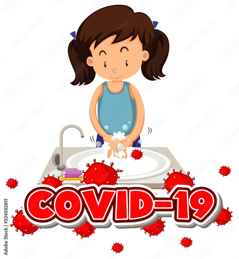 Fototapeta premium Poster design for coronavirus theme with girl washing hands