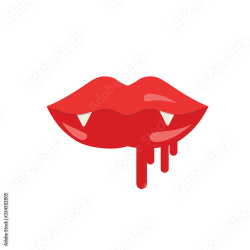 Vector illustration of glossy dripping red lips. Vampire lips with teeth and fangs.. Vector illustration with parted lips. Sexy woman lips. Dripping with red paint lips. Red drops on white background