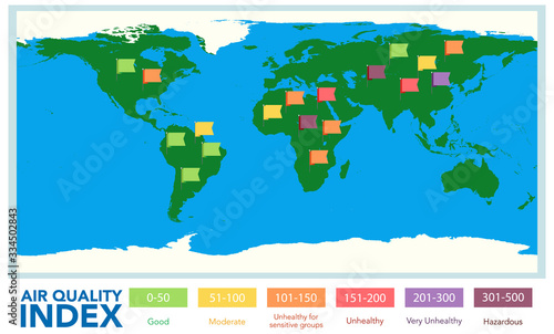 Poster design for air quality index with color scales on different parts of the world