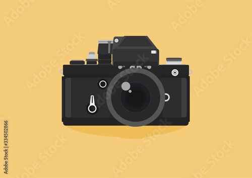 Retro camera in a flat style on a colored background. Old camera design. Vintage film camera. Vector illustration. Analogue 35mm camera