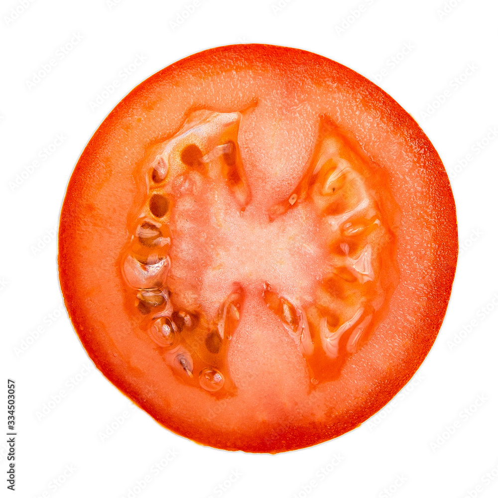 Round red plum-shaped tomato cut into a lumen on a white background Round red plum-shaped tomato cut into a lumen on a white background