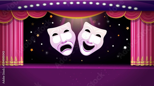 A theater stage with a red open curtain and red seats with people and comedy and tragedy theatre masks. Vector template illustration