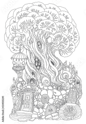 Quarantine forest animals in protective medical masks. Hand drawn fairy tale house in a fantasy old tree. Adults coloring book page, Coronavirus COVID-19, flu epidemic, infectious diseases concept 