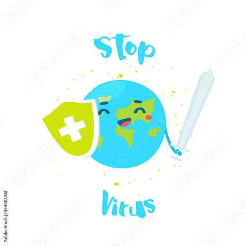 Cartoon Earth with sword and medical shield is fighting the virus. Flat style. Vector.