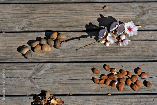 Alcalali, Valencia, Spain: 02.02.2020; The almond fruit are on the table photo