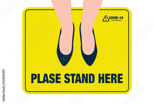 COVID-19 Coronavirus message asking supermarket customer to stand in space. Top view with text in public space practicing social distancing. Blackboard sign or symbol