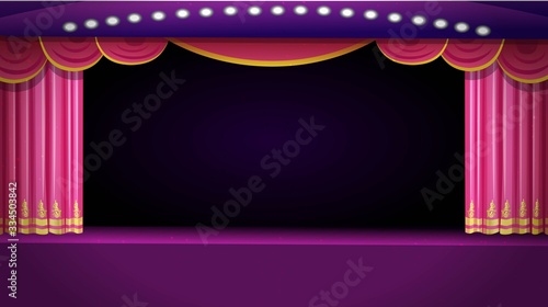 A theater stage with a red open curtain. Vector template illustration