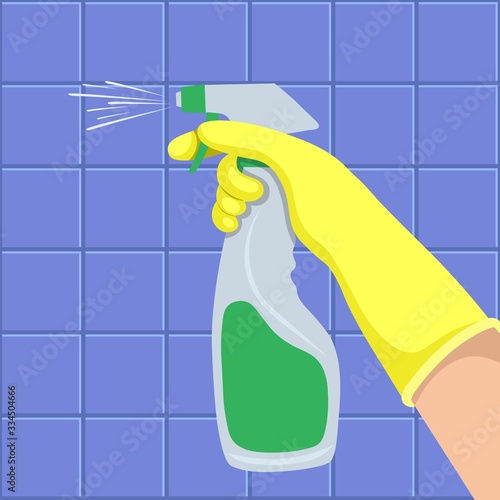 Hand in a yellow glove is holding disinfection spray bottle. Concept for cleaning companies.  Flat vector illustration.