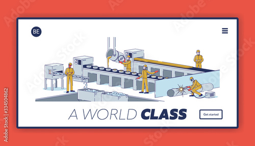 Metallurgical Industry. Website Landing Page. Team of Metallurgists Is Working At Metallurgical Plant Melting Steel, Manufacturing Metal Products. Web Page Cartoon Linear Outline Vector Illustration